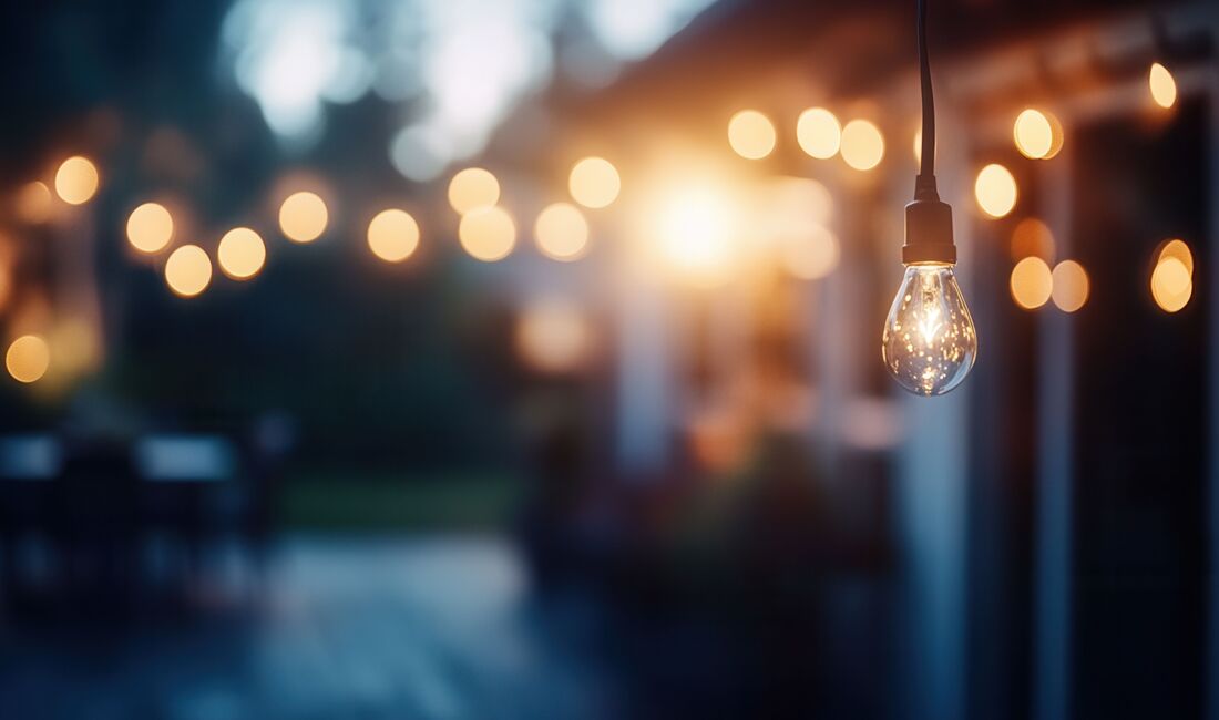 Eine Nahaufnahme einer klaren Glühbirne, die an einem Kabel hängt, mit einem unscharfen Hintergrund aus Lichterketten, die ein gemütliches Ambiente schaffen.