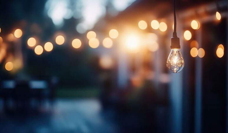 Eine Nahaufnahme einer klaren Glühbirne, die an einem Kabel hängt, mit einem unscharfen Hintergrund aus Lichterketten, die ein gemütliches Ambiente schaffen.