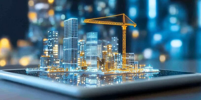 In diesem Konzept für die Bauindustrie werden Bautätigkeit und Baukataster auf einem digitalen Tablet mit einem allgemeinen Stadtplan dargestellt