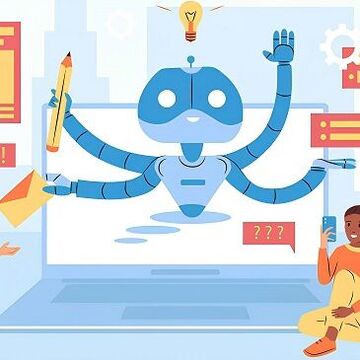 Roboter in Bildschirm mit vier Armen am Multitasking für drei Personen. 
