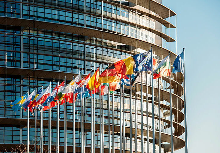 Die Flaggen der europäischen Mitgliedsstaaten wehen vor einem Bürogebäude.
