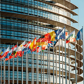 Die Flaggen der europäischen Mitgliedsstaaten wehen vor einem Bürogebäude.