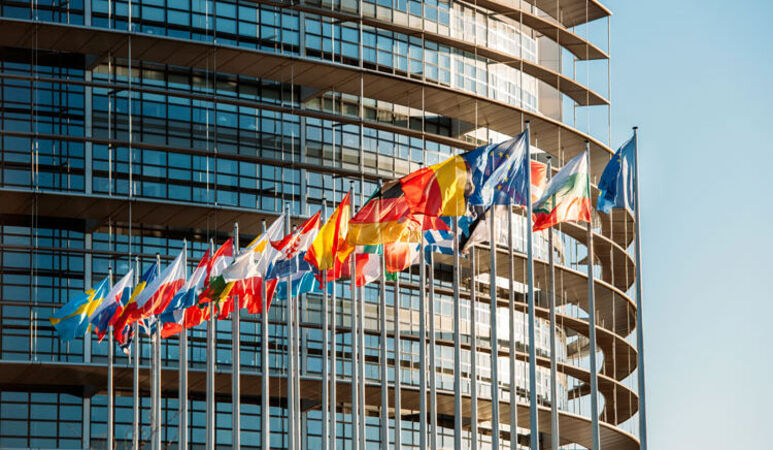 Die Flaggen der europäischen Mitgliedsstaaten wehen vor einem Bürogebäude.