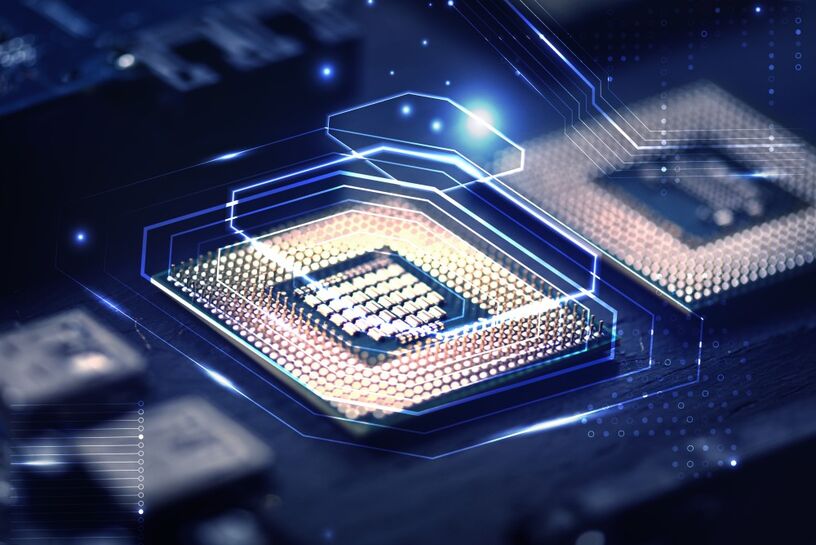 Smart Mikrochip Hintergrund auf einer Hauptplatine Nahaufnahme 