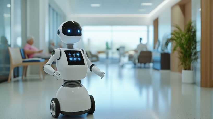 KI-gesteuerter humanoider Roboter, der älteren Patienten in einer intelligenten Pflegeeinrichtung, einer fortschrittlichen Gesundheitseinrichtung mit interaktiven Displays, hilft.