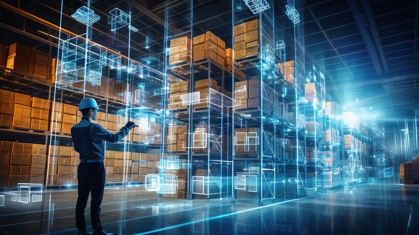 Zukünftige Virtual-Reality-Technologie für innovative VR-Lagerverwaltung.