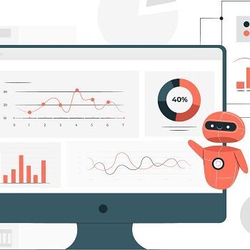 Monitor und Server. Kleiner Fliegender Roboter zeigt auf den Monitor 