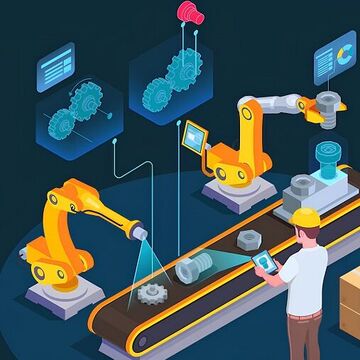 Isometrische Ansicht auf ein Laufband mit Roboter Armen und einem Arbeiter alles im Piktogramm Stil gezeichnet