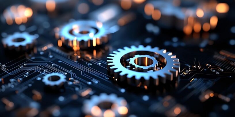 Leuchtende mechanische Zahnräder auf einer Leiterplatte mit orangefarbenen Bokeh-Lichtern, Makrofotografie, die den Hintergrund industrieller Technologie und technischer Innovation zeigt.