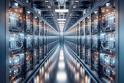 Ein moderner Raum voller gestapelter Supercomputer. 