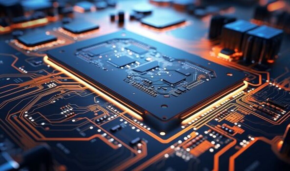 Computerplatine mit einem Prozessor-Chiplet in der Mitte, Platinenbahnen und Elemente sind gelb und weiß hervorgehoben