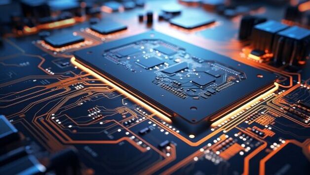 Computerplatine mit einem Prozessor-Chiplet in der Mitte, Platinenbahnen und Elemente sind gelb und weiß hervorgehoben