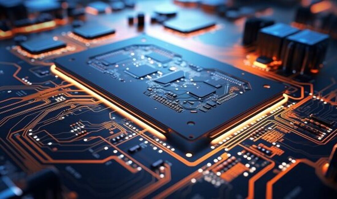 © AdamDiezel - stock.adobe.com Computerplatine mit einem Prozessor-Chiplet in der Mitte, Platinenbahnen und Elemente sind gelb und weiß hervorgehoben