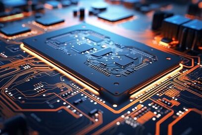 © AdamDiezel - stock.adobe.com Computerplatine mit einem Prozessor-Chiplet in der Mitte, Platinenbahnen und Elemente sind gelb und weiß hervorgehoben