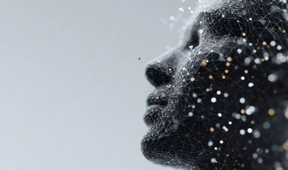 Abstraktes Profil eines menschlichen Gesichts, das aus einem Netzwerk miteinander verbundener Linien und leuchtender Partikel aufgebaut ist.