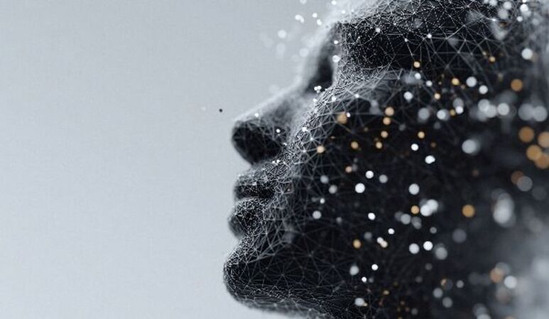 Abstraktes Profil eines menschlichen Gesichts, das aus einem Netzwerk miteinander verbundener Linien und leuchtender Partikel aufgebaut ist.