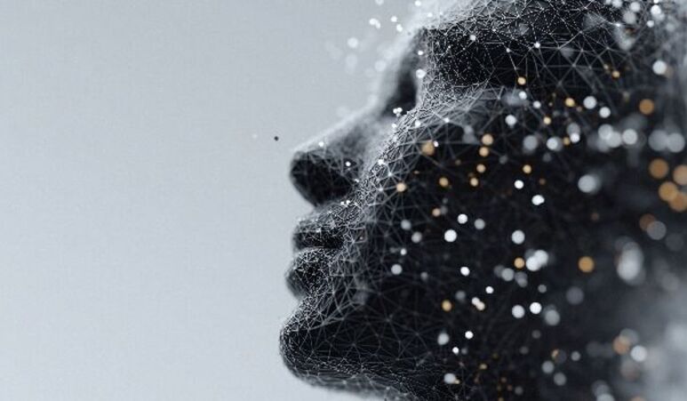 Abstraktes Profil eines menschlichen Gesichts, das aus einem Netzwerk miteinander verbundener Linien und leuchtender Partikel aufgebaut ist.