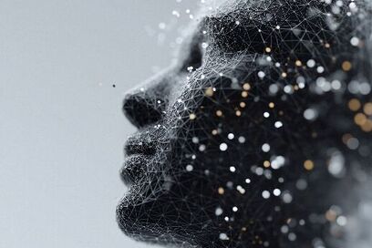 Abstraktes Profil eines menschlichen Gesichts, das aus einem Netzwerk miteinander verbundener Linien und leuchtender Partikel aufgebaut ist.