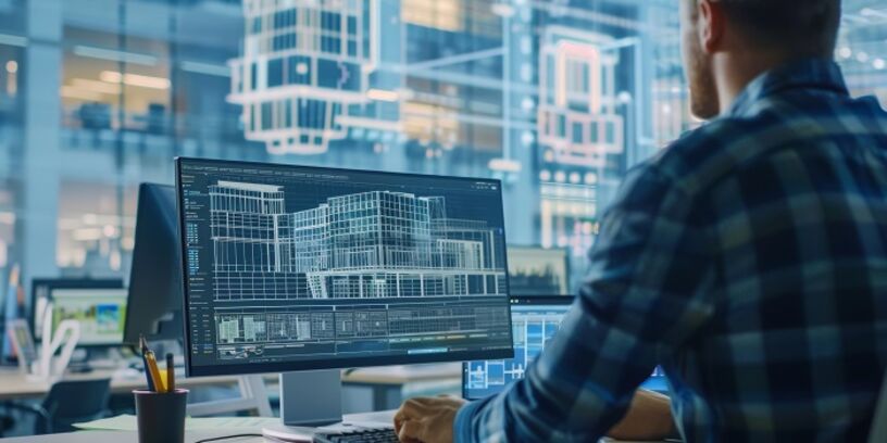 Ein Team, das mit Hilfe von BIM-Software die Energieeffizienz und Nachhaltigkeit eines Gebäudeentwurfs analysiert und Änderungen zur Verringerung der Umweltauswirkungen vornimmt. 
