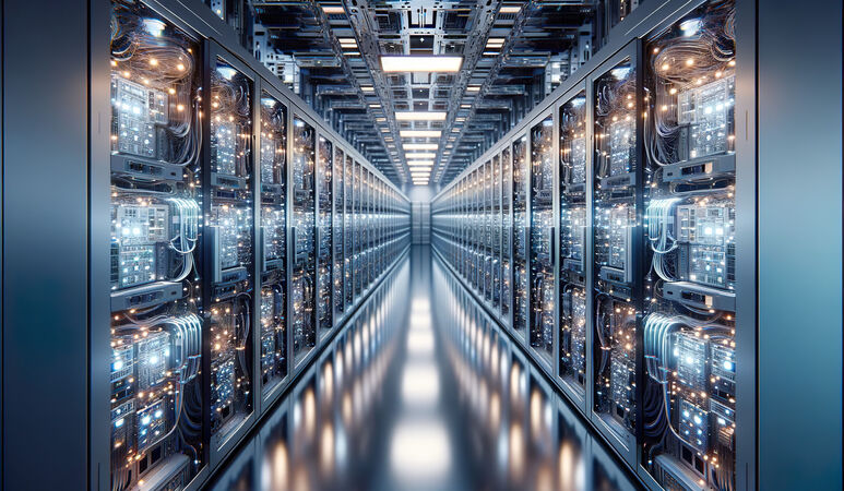 Ein moderner Raum voller gestapelter Supercomputer. 