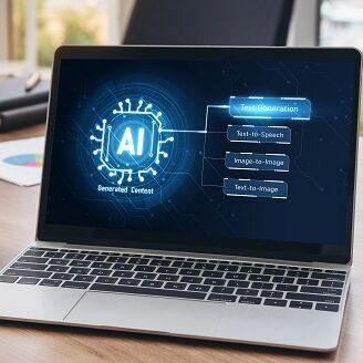 Laptop auf einem Tisch mit Ai abbildung auf dem Bildschirm
