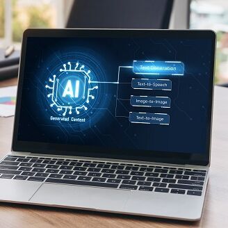 Laptop auf einem Tisch mit Ai abbildung auf dem Bildschirm
