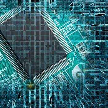 computer chip umgeben von strahlen und streifen