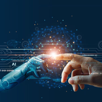 Hände von Robotern und Menschen, die sich auf Big-Data-Netzverbindung im Hintergrund treffen, symbolisiert Wissenschaft und künstliche Intelligenz, Technologie und Innovation