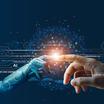 Hände von Robotern und Menschen, die sich auf Big-Data-Netzverbindung im Hintergrund treffen, symbolisiert Wissenschaft und künstliche Intelligenz, Technologie und Innovation