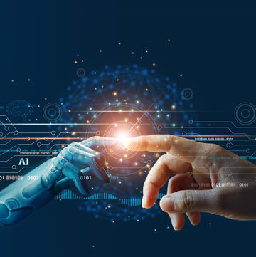 Hände von Robotern und Menschen, die sich auf Big-Data-Netzverbindung im Hintergrund treffen, symbolisiert Wissenschaft und künstliche Intelligenz, Technologie und Innovation