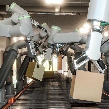Roboterarme an einem Fließband halten Pakete 