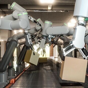 Roboterarme an einem Fließband halten Pakete 