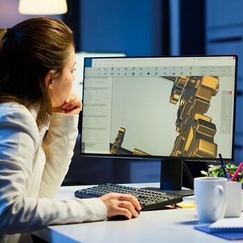 Müde Architektin, die an modernen CAD-Programmüberstunden arbeitet und am Schreibtisch im Start-up-Büro sitzt. Industrieingenieurin studiert Prototypidee auf dem PC, die CAD-Software auf dem Gerätedisplay zeigt