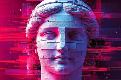 Eine fragmentierte klassische Büste, die mit digitalen Glitch-Effekten verwoben ist und die Überschneidung von Geschichte und Technologie in der Kunst darstellt.