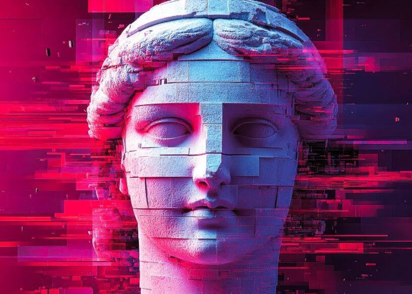 Eine fragmentierte klassische Büste, die mit digitalen Glitch-Effekten verwoben ist und die Überschneidung von Geschichte und Technologie in der Kunst darstellt.
