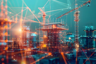  lebhafte Baustelle mit Gerüsten und Kränen, überlagert von einem futuristischen digitalen Netz, das fortschrittliche Technik und Technologie symbolisiert