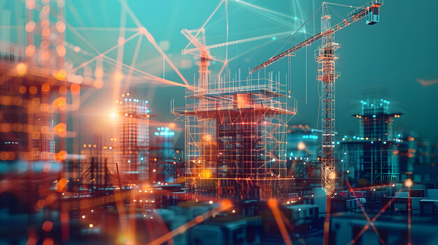  lebhafte Baustelle mit Gerüsten und Kränen, überlagert von einem futuristischen digitalen Netz, das fortschrittliche Technik und Technologie symbolisiert