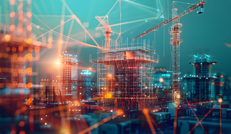  lebhafte Baustelle mit Gerüsten und Kränen, überlagert von einem futuristischen digitalen Netz, das fortschrittliche Technik und Technologie symbolisiert