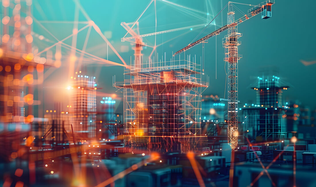  lebhafte Baustelle mit Gerüsten und Kränen, überlagert von einem futuristischen digitalen Netz, das fortschrittliche Technik und Technologie symbolisiert
