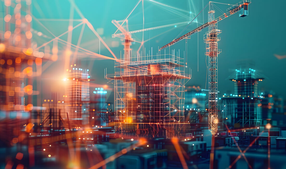  lebhafte Baustelle mit Gerüsten und Kränen, überlagert von einem futuristischen digitalen Netz, das fortschrittliche Technik und Technologie symbolisiert
