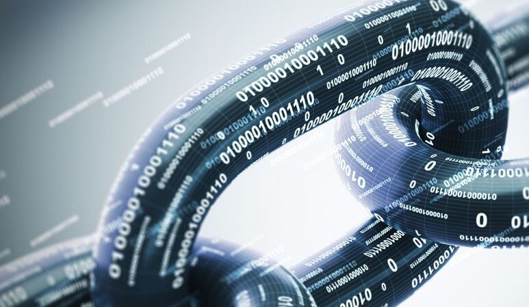 Diagonale Kette, ein Blockchain-Konzept, graue Nahaufnahme