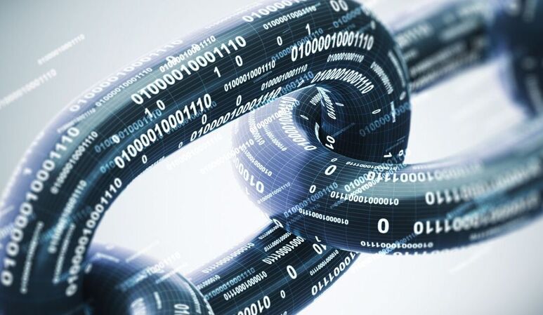 Diagonale Kette, ein Blockchain-Konzept, graue Nahaufnahme