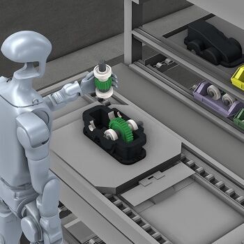 Roboter vor Arbeitsstation mit Zahnrädern 