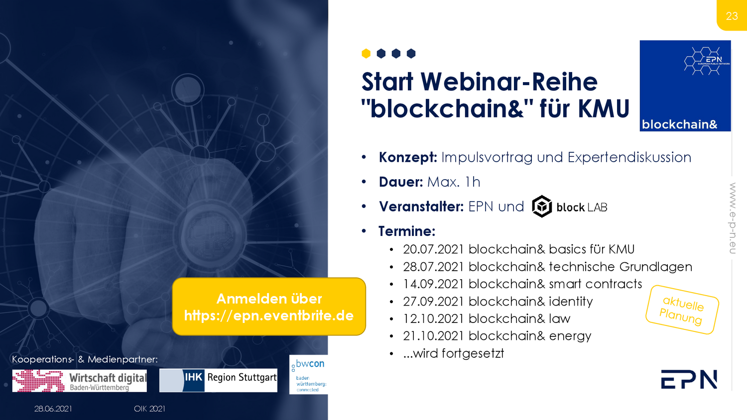Infobild zur Webinar-Reihe "blockchain&" für KMU