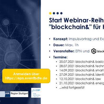 Infobild zur Webinar-Reihe "blockchain&" für KMU
