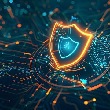 Cybersecurity-Schild: Ein digitales Schild leuchtet in leuchtenden Blau- und Orangetönen und symbolisiert robusten Schutz in einem komplexen Netzwerk von Schaltkreisen.