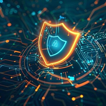 Cybersecurity-Schild: Ein digitales Schild leuchtet in leuchtenden Blau- und Orangetönen und symbolisiert robusten Schutz in einem komplexen Netzwerk von Schaltkreisen.