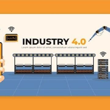 industry 4.0 Banner mit verschiedenen Motiven, wie Robotik und AI