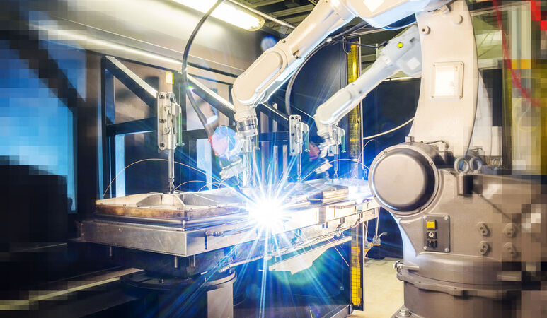 Bild von einem Roboter an einer Produktionsbank. 