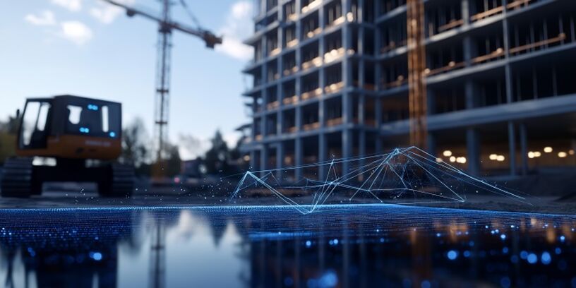 Eine intelligente Baustelle, auf der digitale Linien und holografische Bilder um ein in Bau befindliches Gebäude herumschweben und zeigen, wie die Technologie moderne Bautechniken verbessert. 